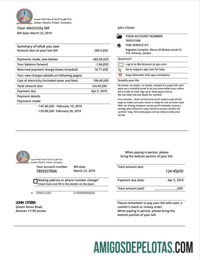 imprimível Jordan Jordanian Electric Power Co JEPCO Modelo de conta de serviços públicos de eletricidade em formato Word e PDF